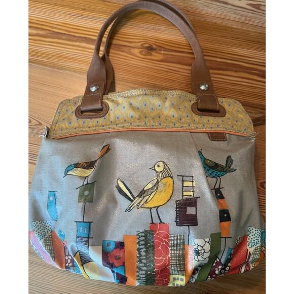 FOSSIL Key-Per Tote Gray Coated Canvas Shoulder Bag Purse City Birds GUC - Picture 2 of 16